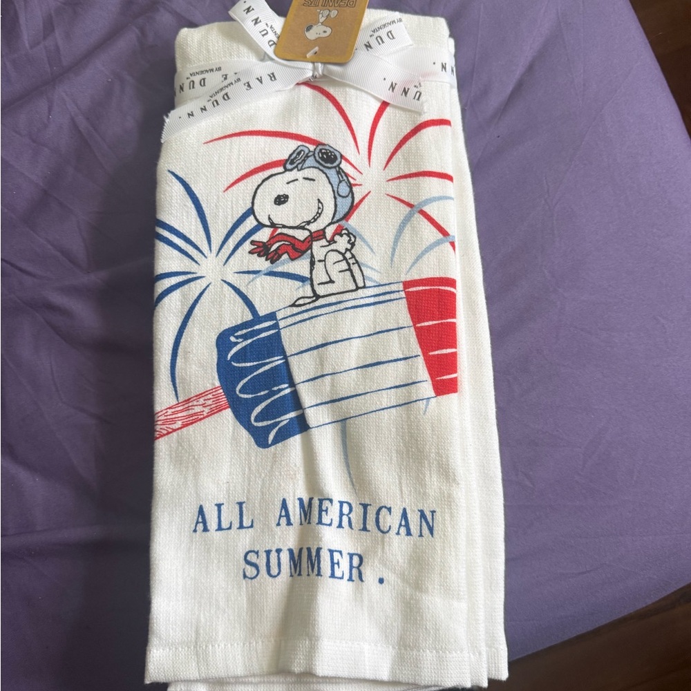 Rae Dunn White Tea Towel with Red and Blue Snoopy "All American Summer"